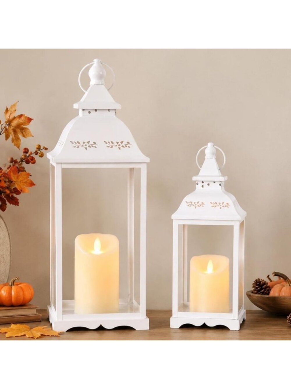 Set of 2 White Metal Decorative Candle Lanterns for Indoor & Outdoor Use